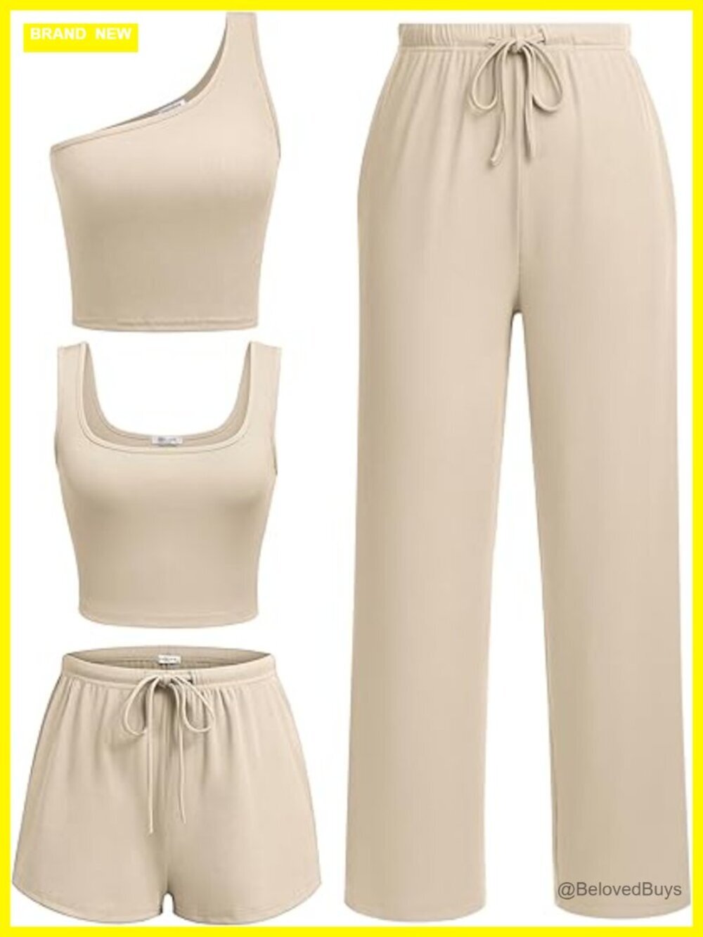 4 Piece Lounge Set Ribbed Knit Crop Tank Shorts Pants Pajama Set